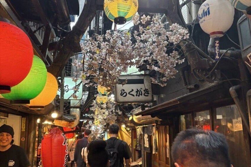 A street with cherry blossoms, lanterns, and signs in a Japanese setting. 3