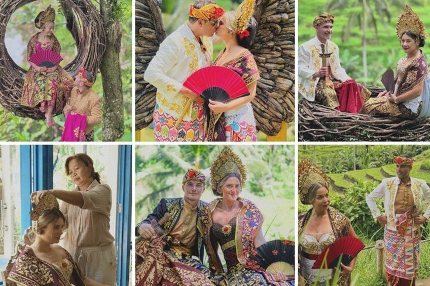Personas con atuendo tradicional, un árbol y un abanico. 1