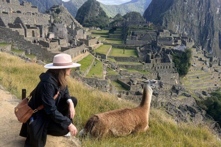 Eine Person kauert auf einem Pfad, vor ihr ein Lama vor den Ruinen von Machu Picchu. 3