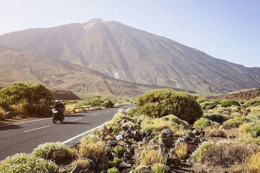 Una carretera con un motociclista, rodeada de terreno pedregoso y vegetación escasa, que conduce hacia una montaña. 5