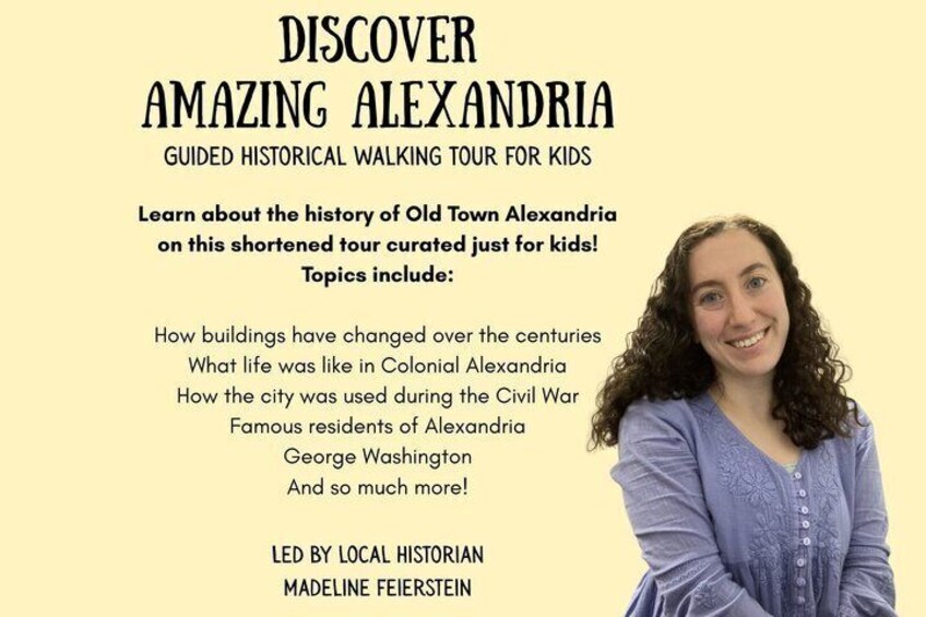 A woman in a blue dress standing in front of a text about a historical walking tour in Alexandria. 1
