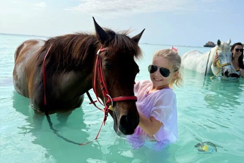 Eine Person mit rosa Hemd steht im flachen Wasser mit einem Pferd. 2
