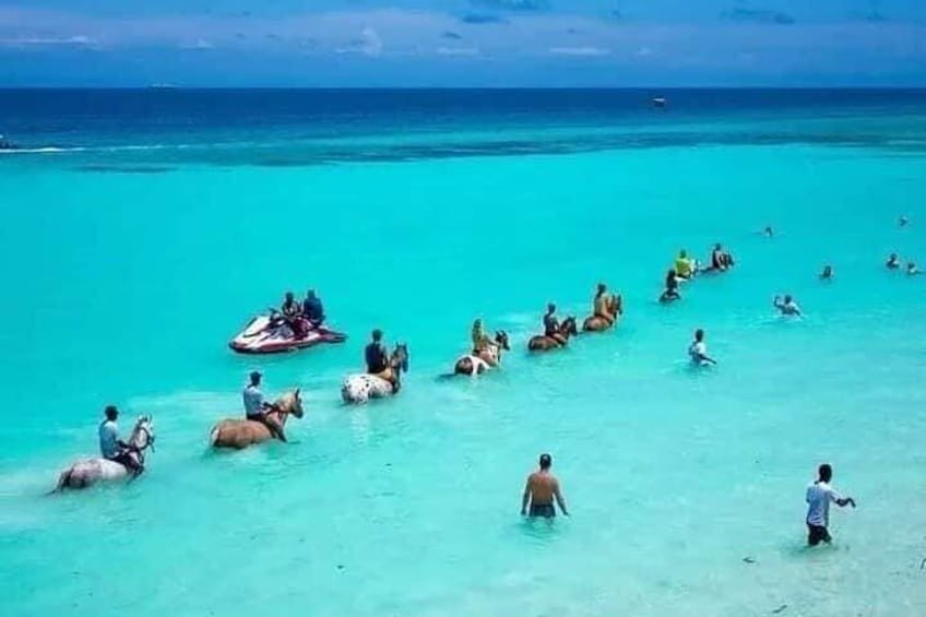 Menschen reiten auf Pferden durch flaches türkisblaues Wasser, im Hintergrund ein Boot. 5