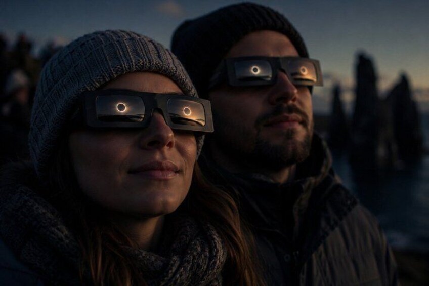 Zwei Personen mit Brille und leuchtenden Gläsern stehen im Zwielicht draußen. 5