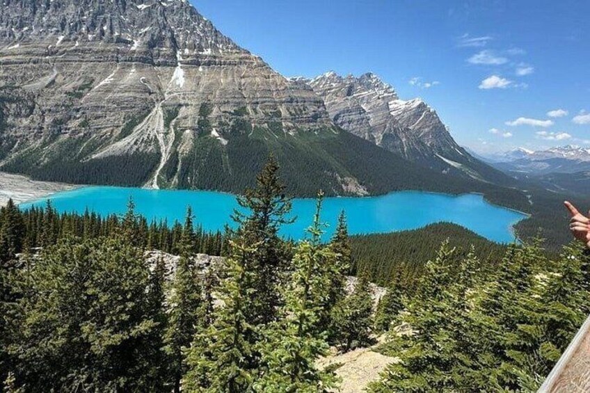 A mountain landscape with a turquoise lake and dense forest. 5