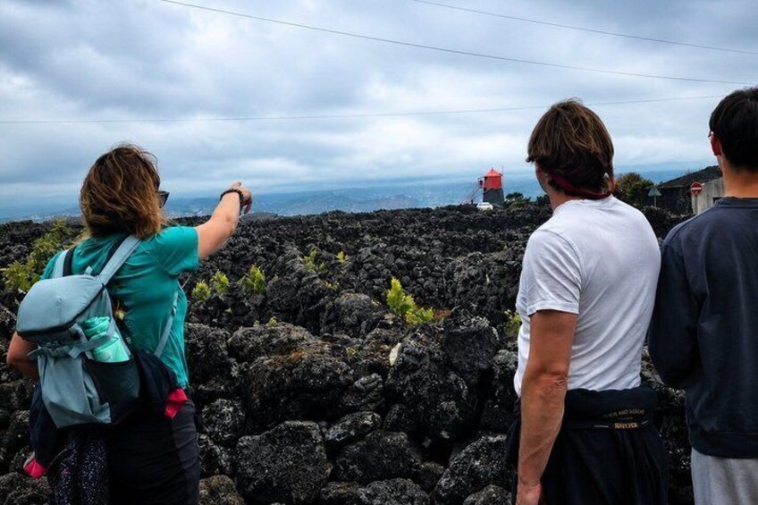 A group of people observing a volcanic landscape with a red structure in the distance. 5