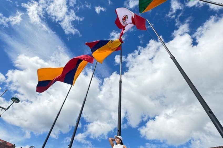 A person holding a flagpole with multiple flags, including a red, yellow, and blue flag, and a flag with a white and red emblem. 5