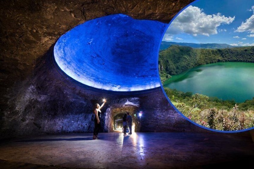 A cave with a blue interior and a view of a green lake outside. 1