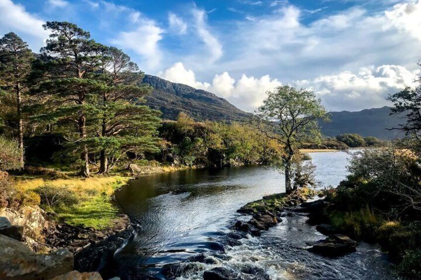 A river flowing through a mountainous landscape with trees and a clear sky. 2