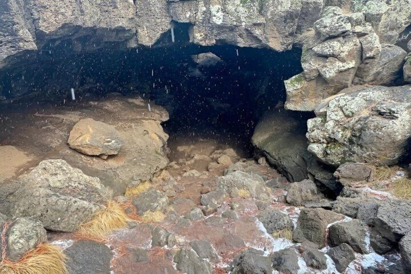 A cave entrance with water dripping inside, surrounded by rocks and moss. 5