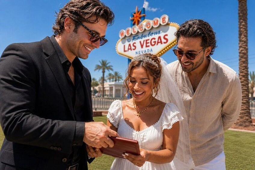 A couple in front of a 'Welcome to Fabulous Las Vegas Nevada' sign. 4