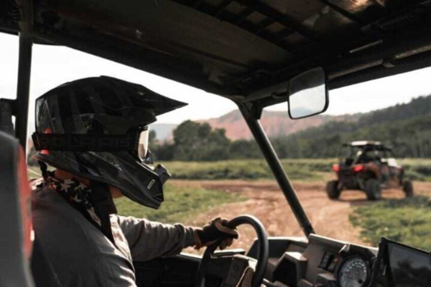 A person driving a vehicle on a dirt road with a forested landscape in the background. 5