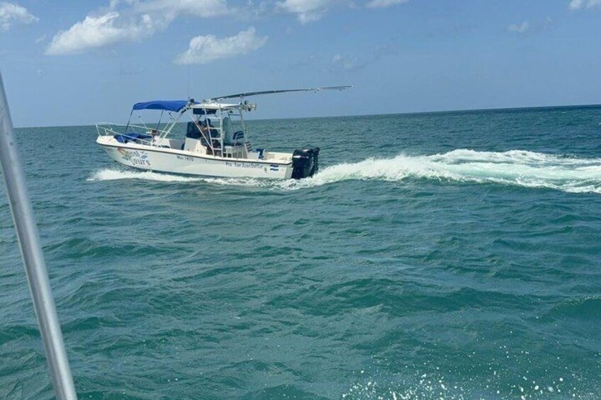 A white boat with blue accents and the text 'SOUTHERN PULPS' on its side, moving through the ocean. 4
