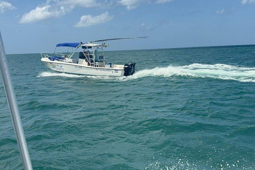 A boat with a blue canopy moving through the ocean. 4