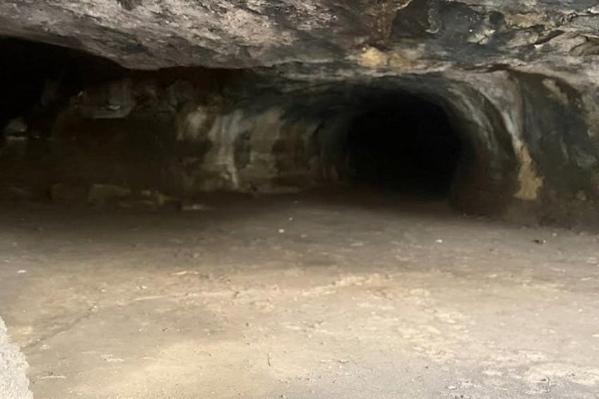 A cave entrance with rough, uneven walls and a narrow passageway. 3