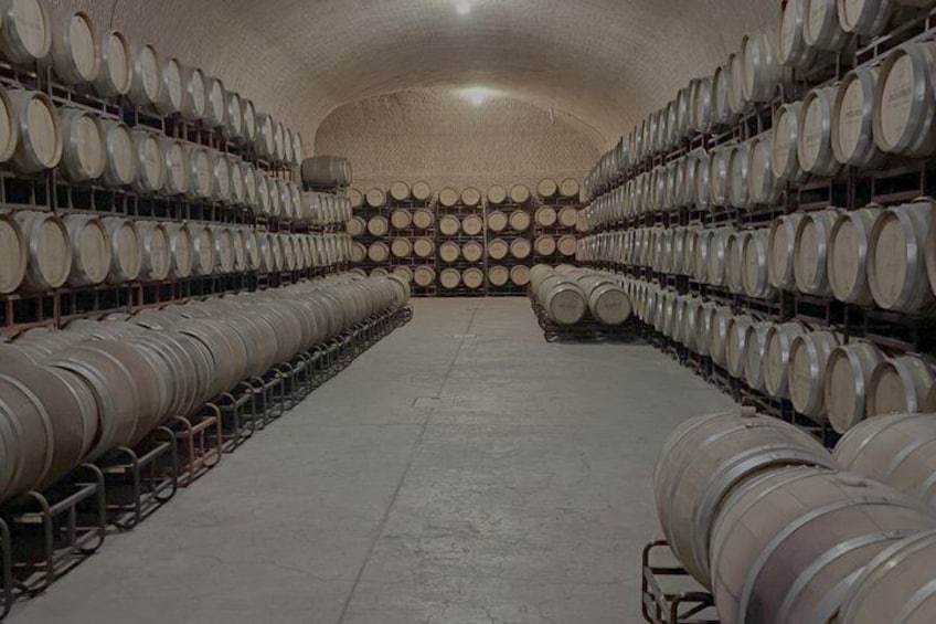 A warehouse with rows of large wine barrels. 3