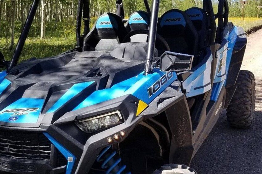A blue and black ATV with the number 1000 on the front, parked on a dirt path. 4