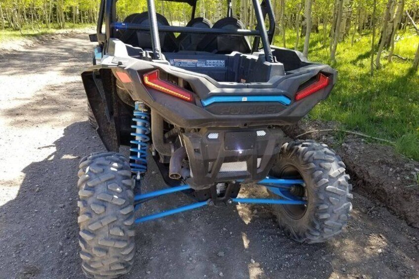 A Polaris RZR off-road vehicle parked on a dirt path with large tires and blue suspension components. 4