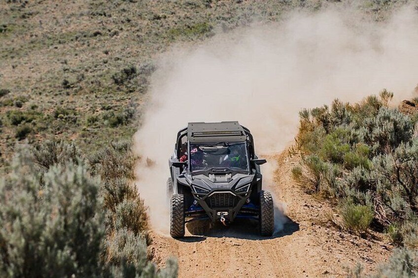 A black off-road vehicle driving on a dirt path surrounded by sparse vegetation. 3