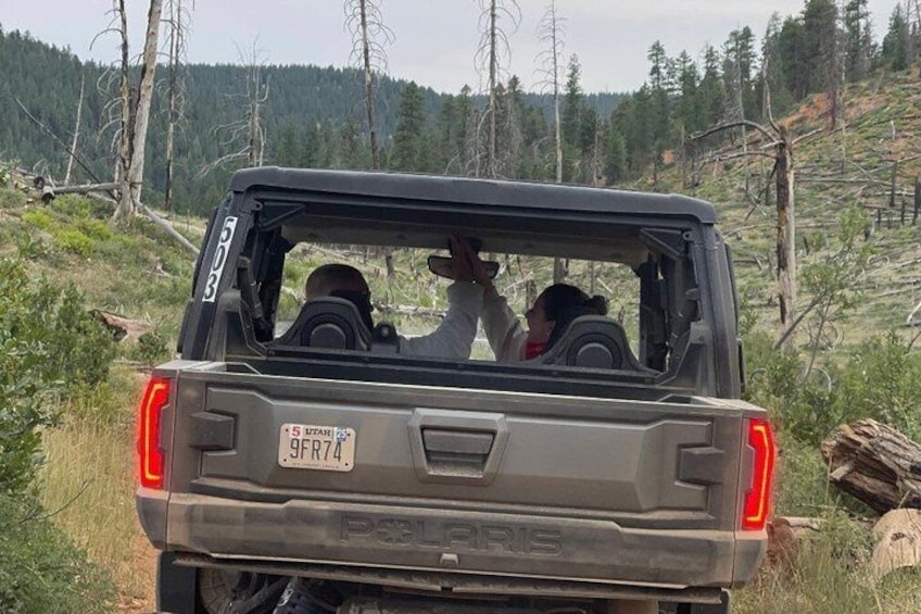A Polaris vehicle with a visible license plate '9FR74' in a forested area. 5