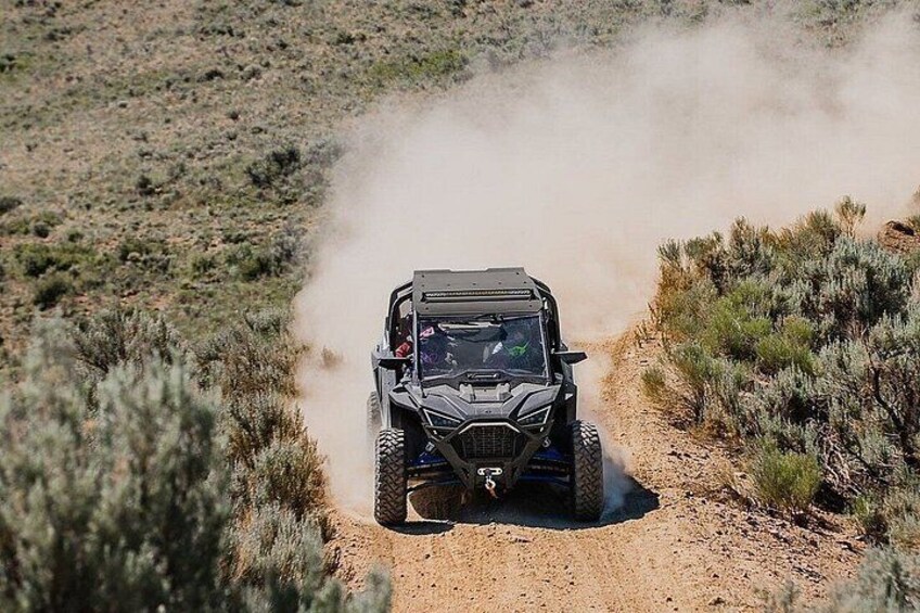 A vehicle driving on a dirt road surrounded by sparse vegetation. 3