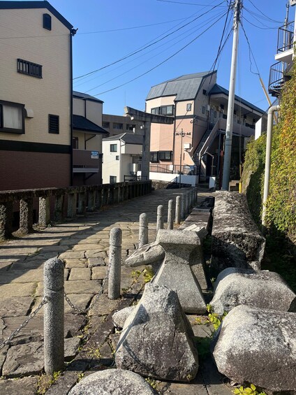 A stone pathway with barriers, buildings, and a clear blue sky. 3