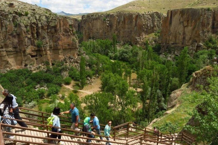 A canyon with wooden staircases and visitors. 1