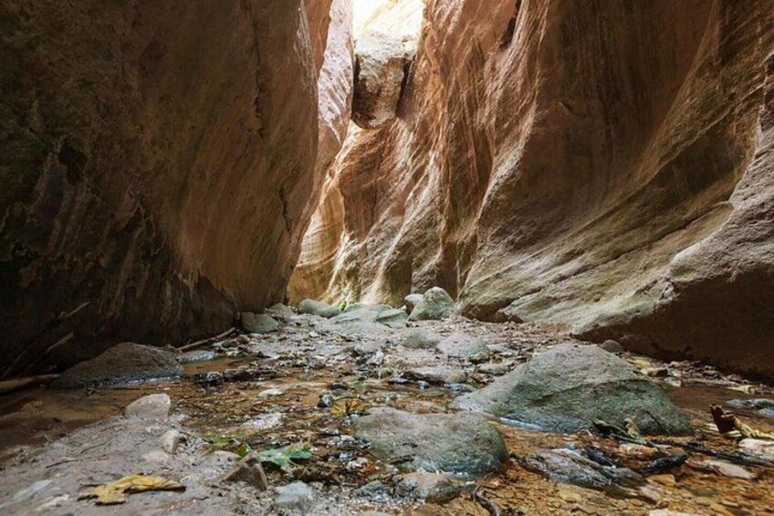 A narrow canyon with rocky terrain and a small stream. 2