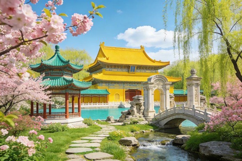 A traditional Chinese building with a yellow roof, a stone bridge, and cherry blossoms. 5