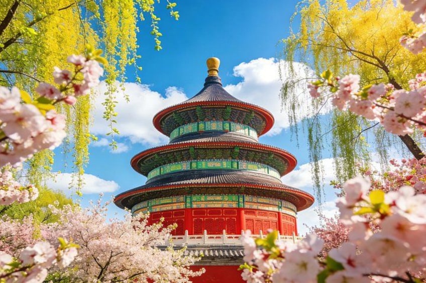 A traditional Chinese pagoda surrounded by cherry blossoms. 3