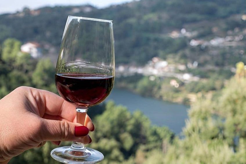 A hand holding a wine glass with red wine, set against a scenic backdrop of a lake surrounded by trees and hills. 4