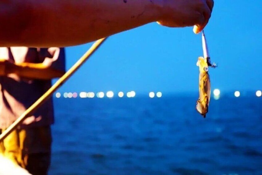 A person holding a fish on a line, with a body of water and lights in the background. 2
