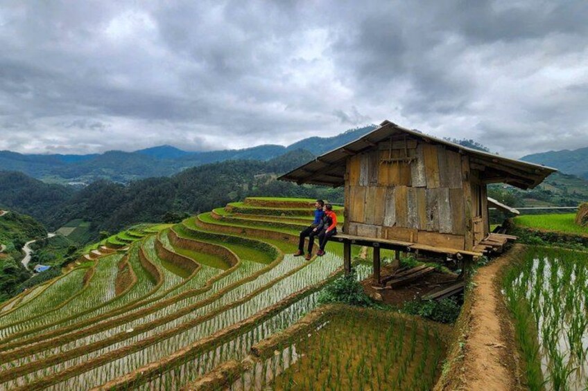 Terraced rice fields, a wooden structure, and a cloudy sky. 3