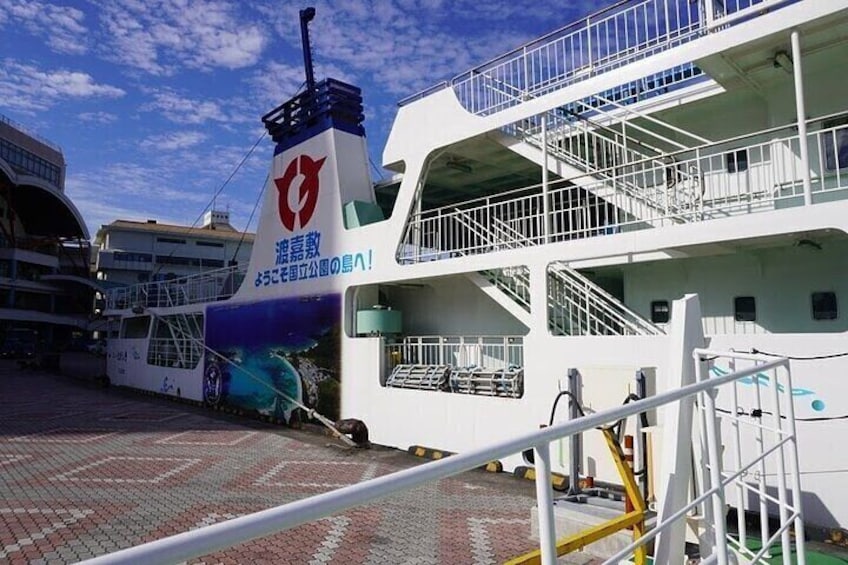 A ferry with a blue and white color scheme, a red logo, and a staircase leading to an upper deck. 5
