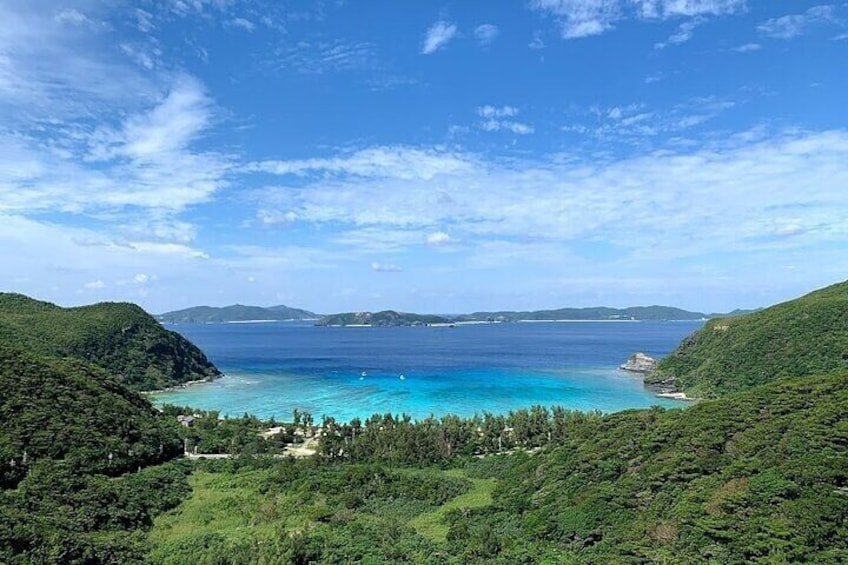 A coastal landscape with a clear blue sea, green hills, and a distant shoreline. 4