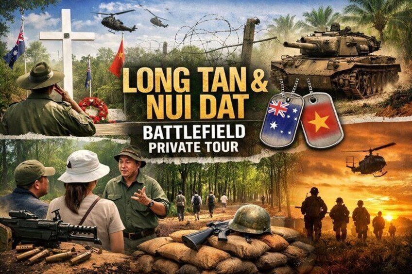 A military scene with soldiers, tanks, and helicopters, and flags of Australia and Vietnam. 1