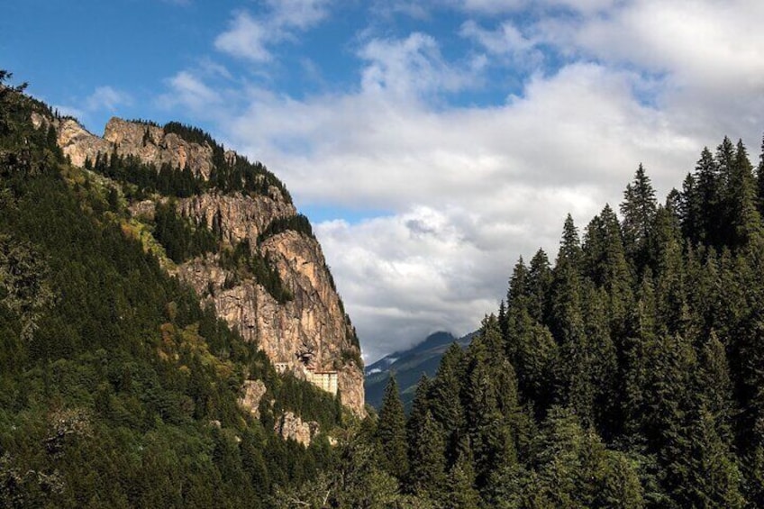 A mountainous landscape with dense forest and rocky cliffs. 5