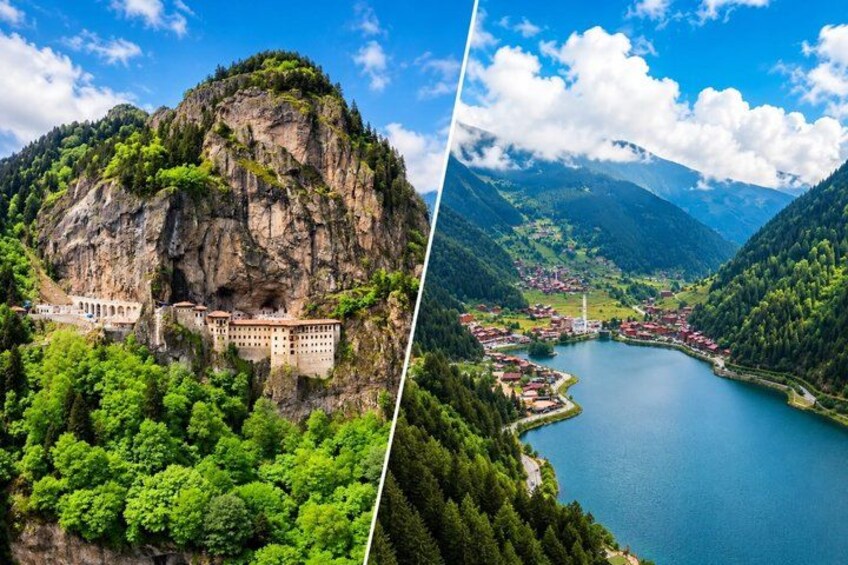 A mountainous landscape with a monastery on a cliff, a lake, and a village. 1