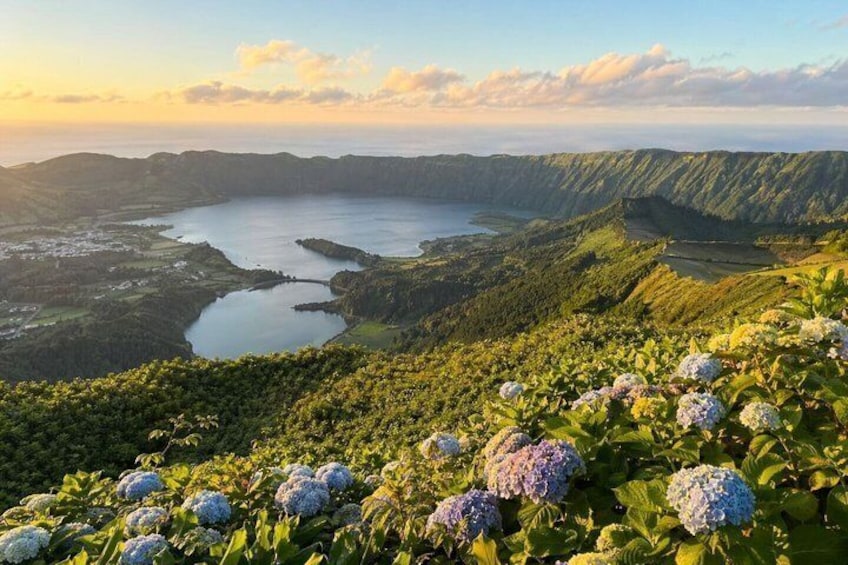 A mountainous landscape with a lake and hydrangea flowers in the foreground. 1