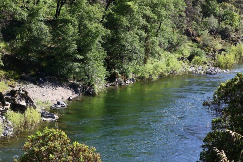 A river flowing through a forested area with rocks along the banks. 5