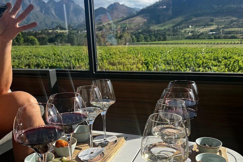 A vineyard view from a table with wine glasses. 2