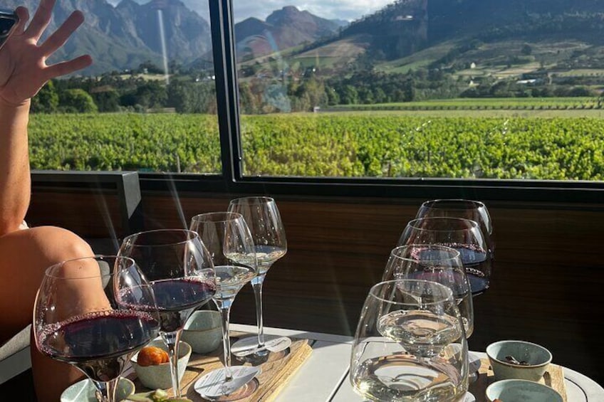 A table with wine glasses and a vineyard view. 2