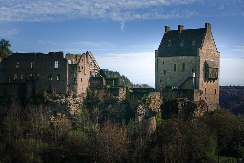 A historic castle with ruins and a tower, surrounded by trees and a clear sky. 1