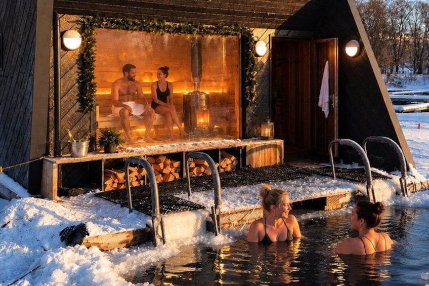 A heated outdoor pool with people relaxing, a wooden cabin, and a snow-covered landscape. 1