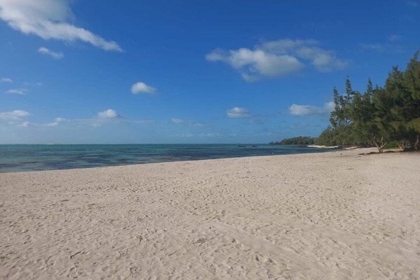 A sandy beach with clear blue water and a few trees in the background. 3