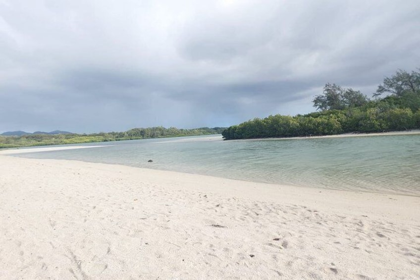 A beach with clear water, sandy shore, and dense vegetation in the background. 2