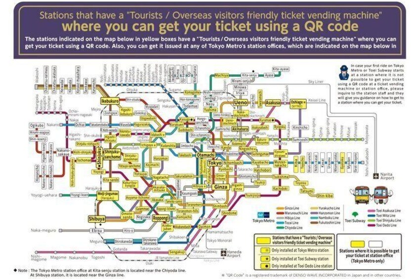 A Tokyo subway map with stations marked for tourists and overseas visitors. 2