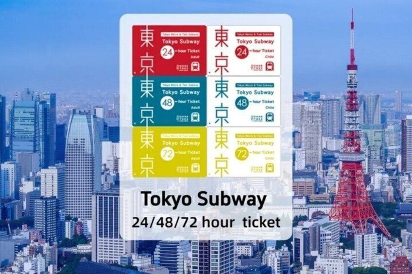 A Tokyo Subway ticket with 24/48/72 hour options against a cityscape with the Tokyo Tower. 1