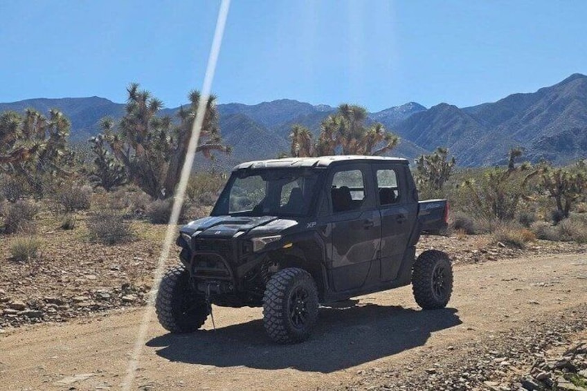A dark-colored off-road vehicle parked on a dirt road with desert vegetation and mountains in the background. 4