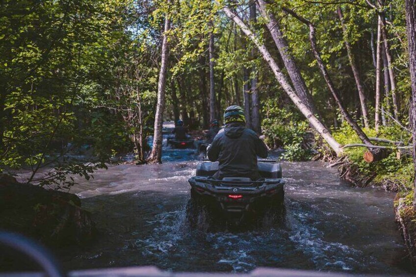 A person riding an ATV through a forested area with a stream. 3